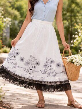 Vintage I.N. Studio Woman White Cotton Black Lace-Hem Skirt, 18W